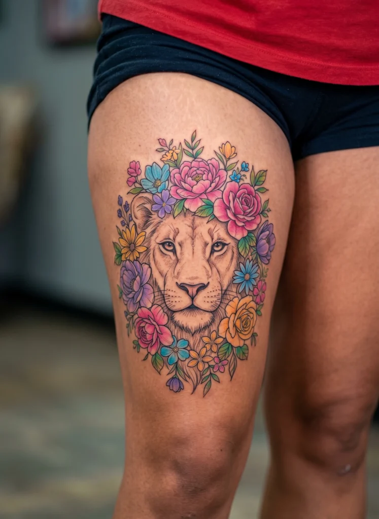 Lioness with Floral Mane Design