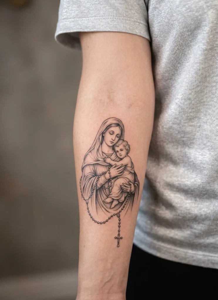 Mary Holding Jesus with Rosary Beads