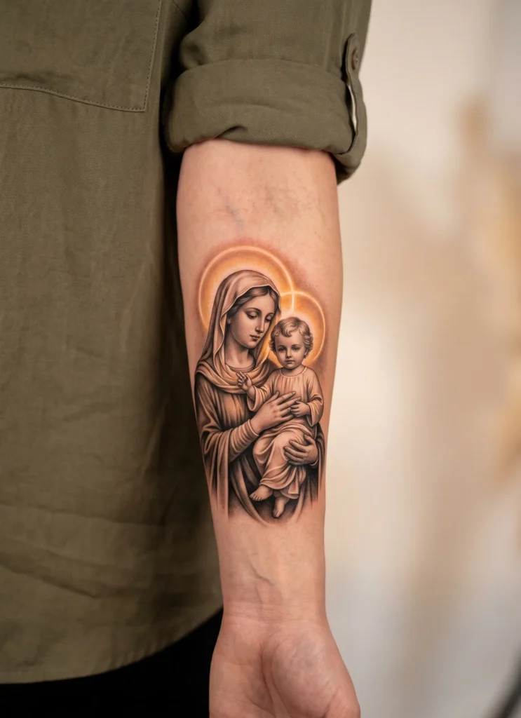 Mary and Jesus Under Glowing Halo Light