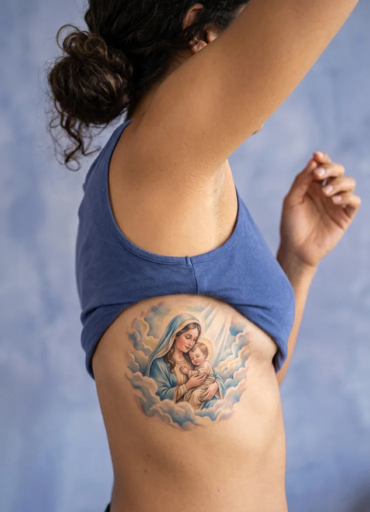 Mary and Jesus in Heavenly Clouds Scene