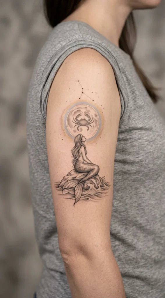 Mermaid Inspired Cancer Moon Tattoo