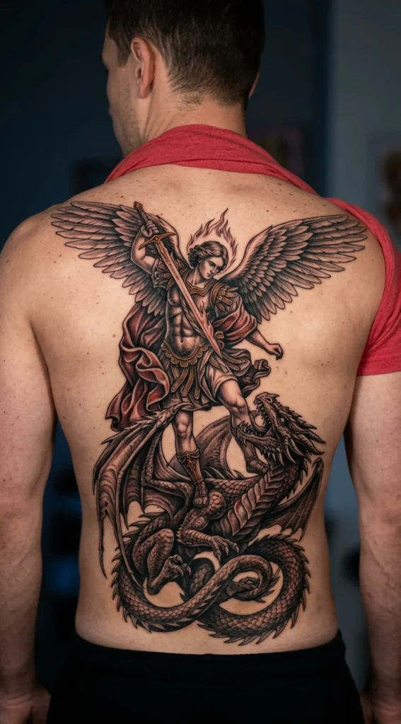 Michael Crushing Dragon Back Tattoo