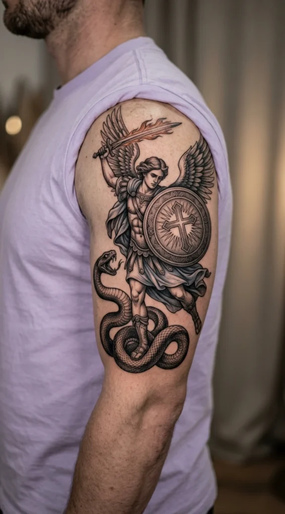 Michael Defeating Snake with Shield