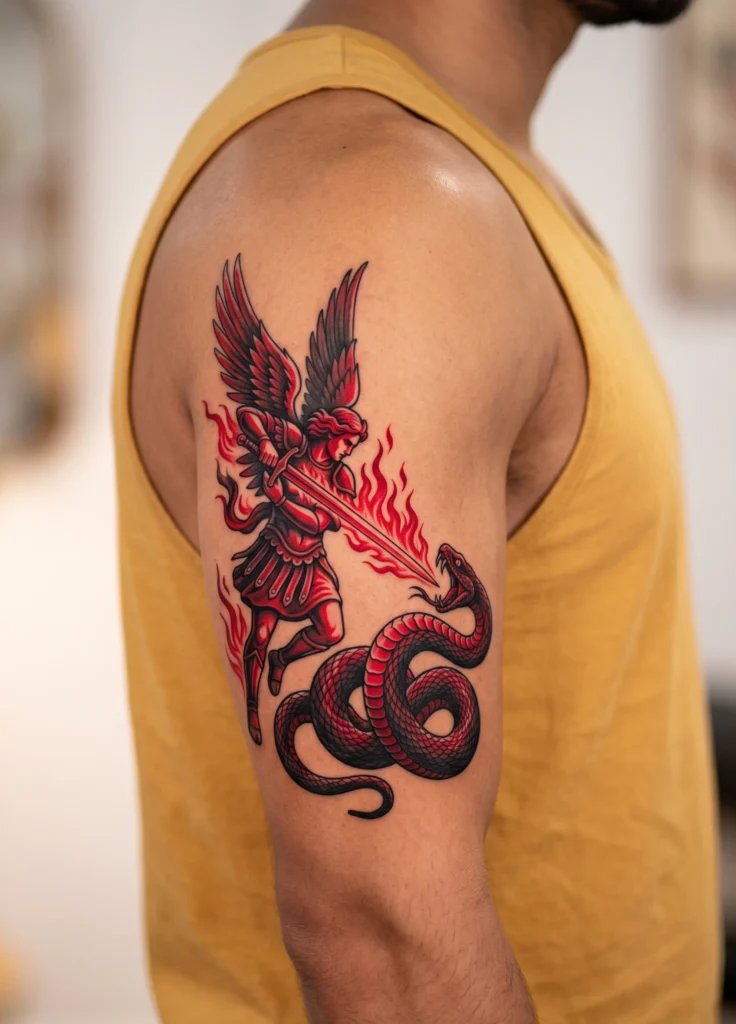Michael Holding Flaming Sword Against Snake