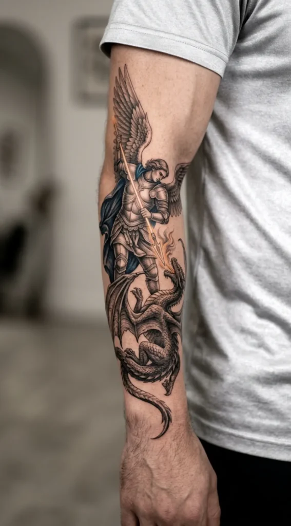Michael vs Dragon Forearm Vertical Scene