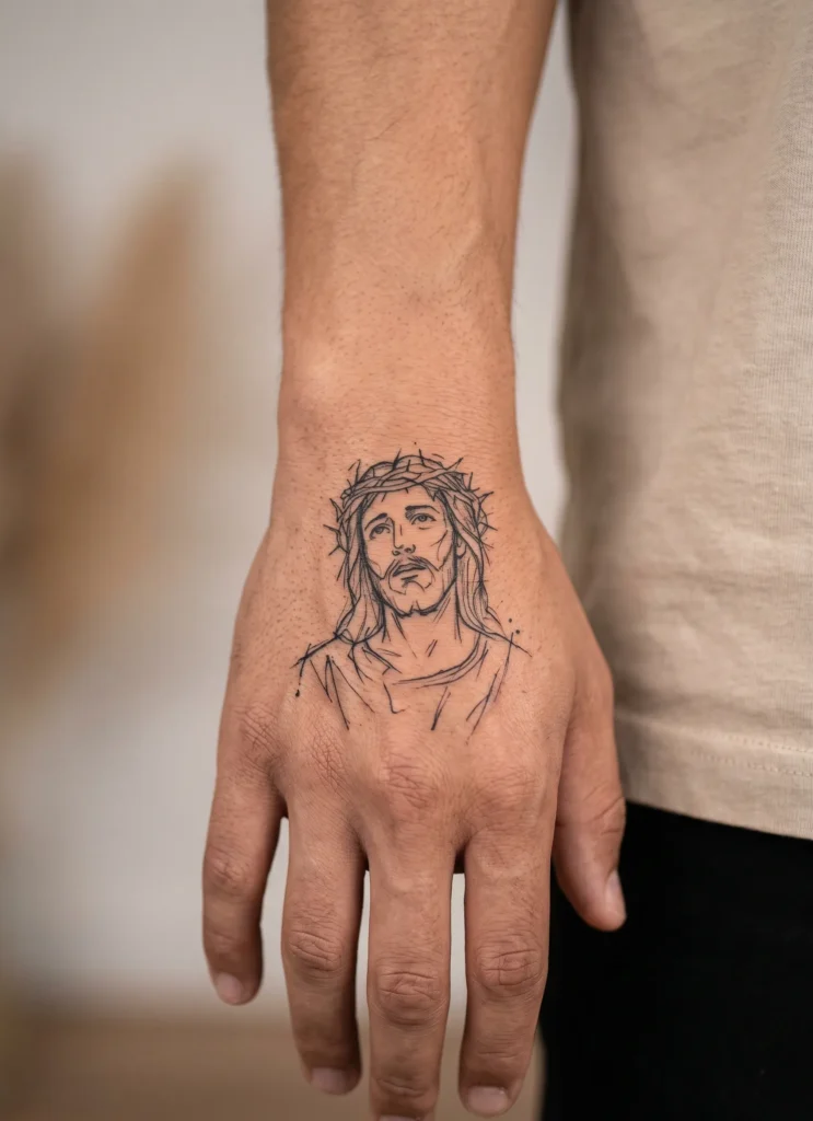 Minimal Jesus Sketch Style Hand Tattoo