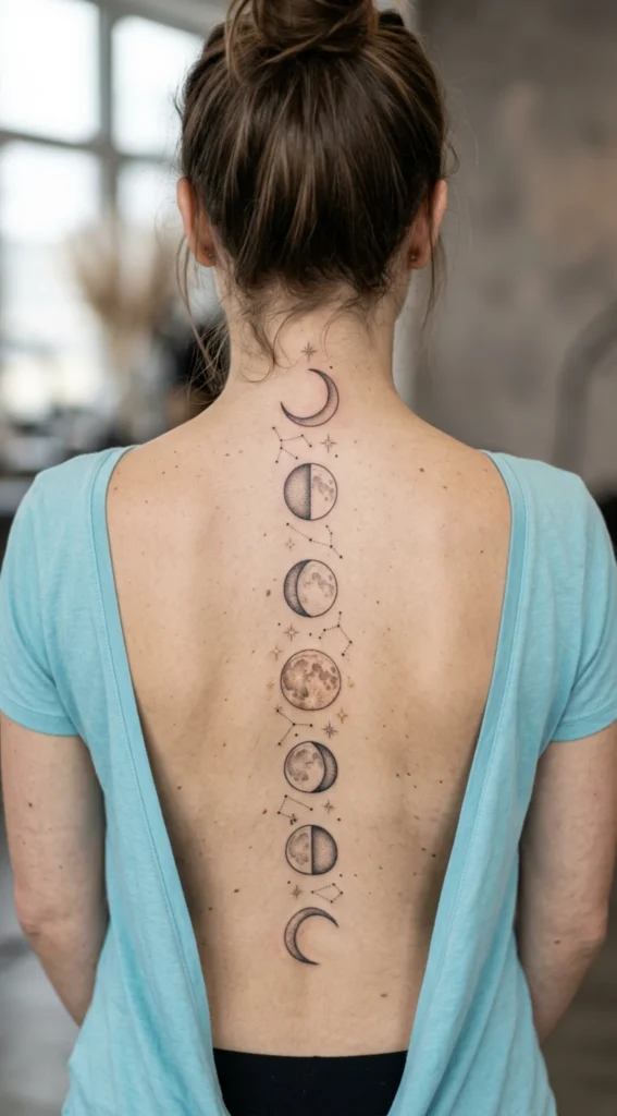 Moon Phases Spine Tattoo Design