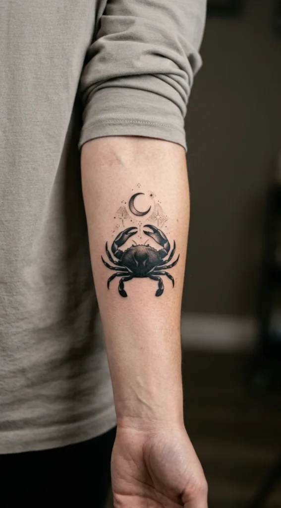 Moonlit Crab Shadow Blackwork Tattoo