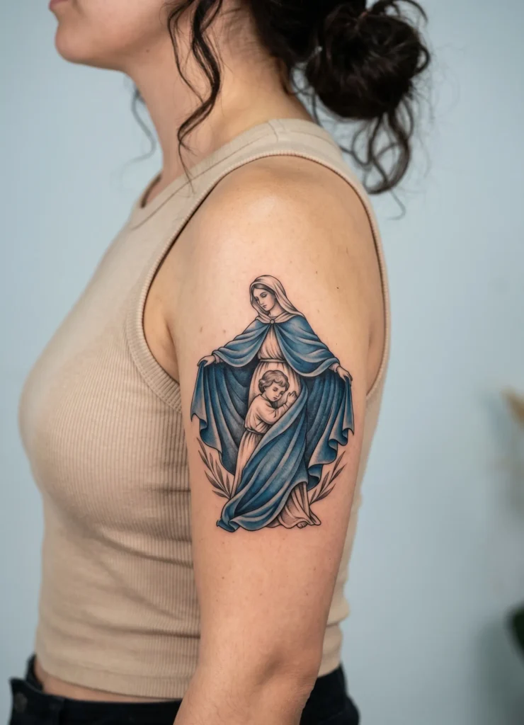 Mother Mary Shielding Jesus with Mantle