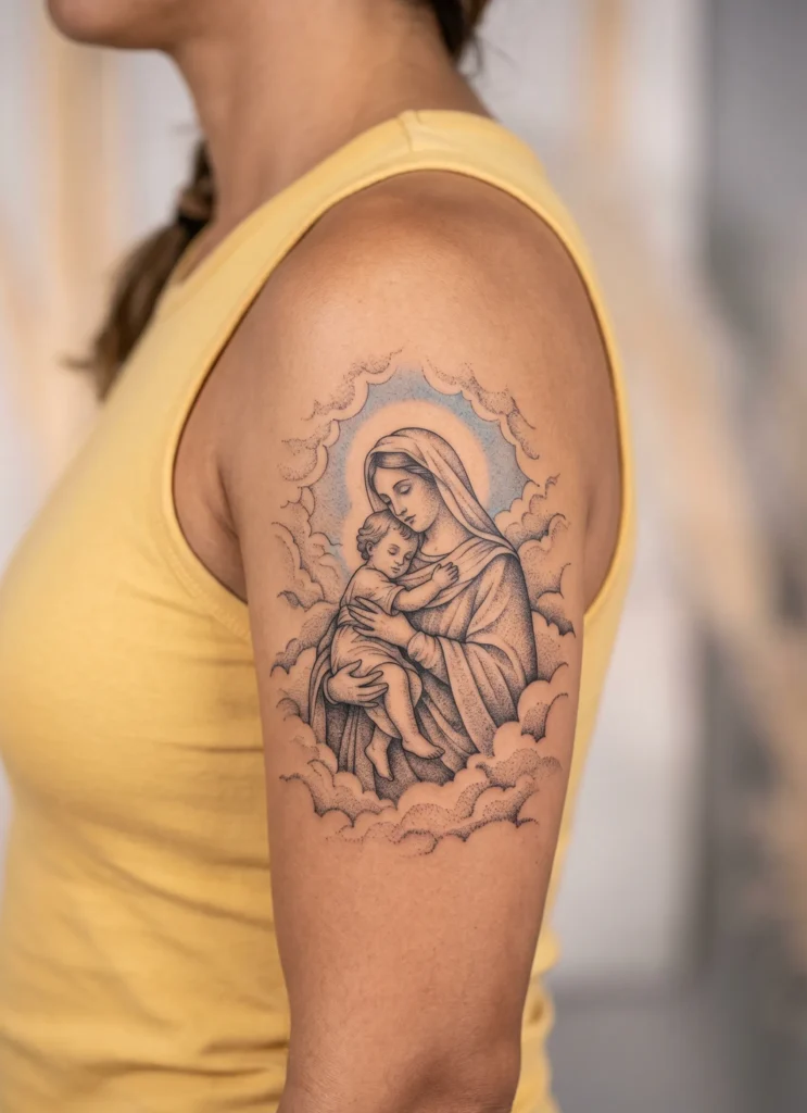 Mother Mary with Child Jesus in Clouds