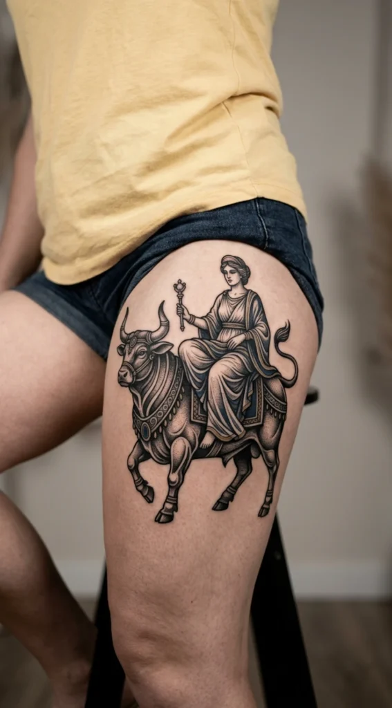 Mythical Goddess Riding Bull Design