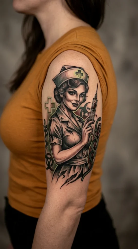 Nurse Pinup with Syringe and Dark Medical Symbols