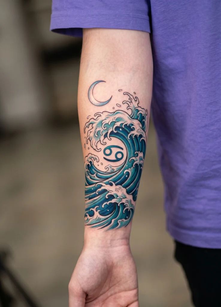 Ocean Inspired Cancer Wave Tattoo