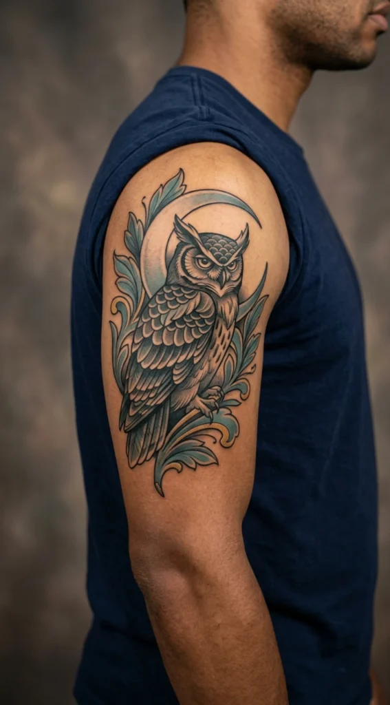 Owl with Crescent Moon and Ornamental Leaves