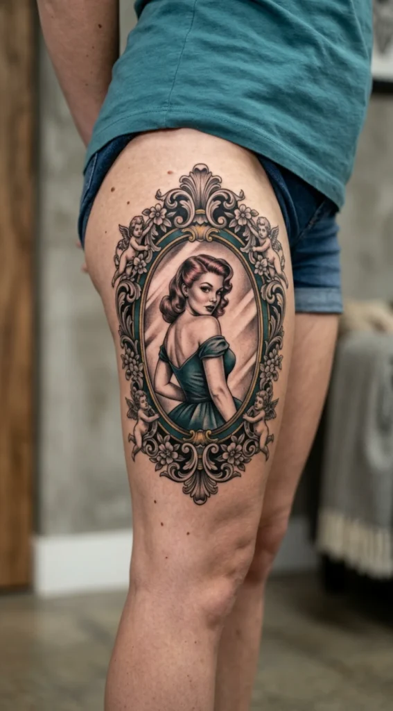 Pinup Girl Inside Ornate Baroque Mirror Frame