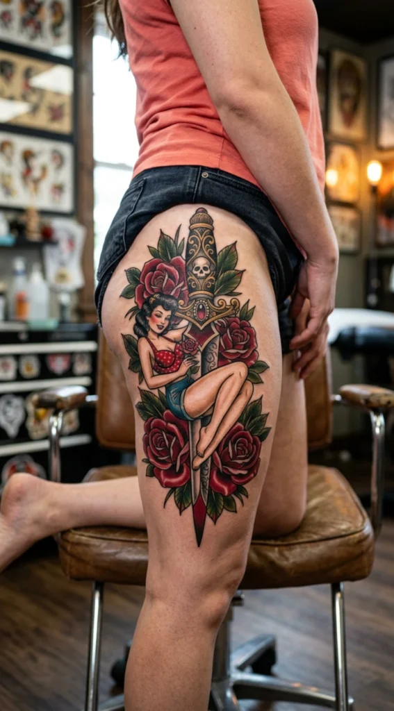 Pinup Girl Reclining on Dagger and Roses