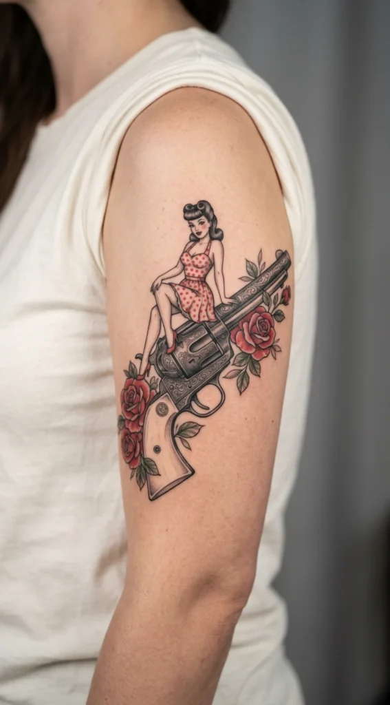 Pinup Girl Sitting on Vintage Revolver with Roses