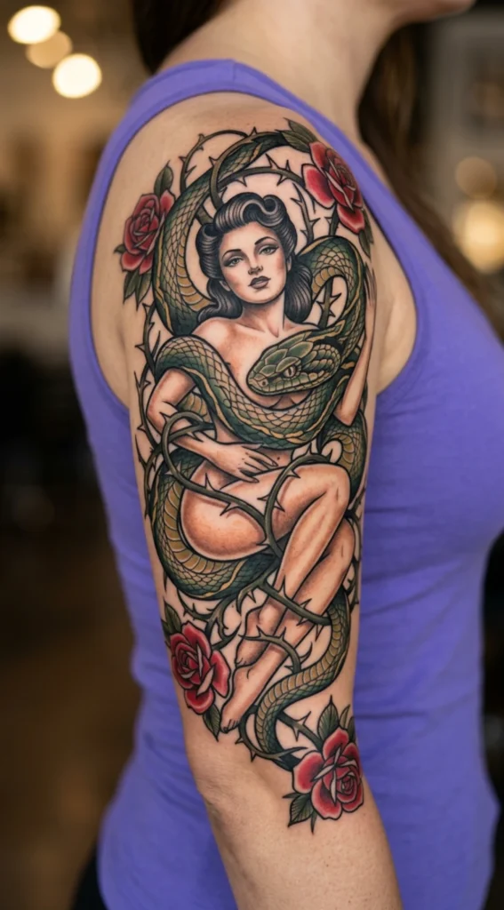 Pinup Girl Wrapped in Snake and Thorn Vines