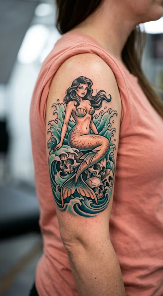 Pinup Mermaid Sitting on Skull Rocks and Waves