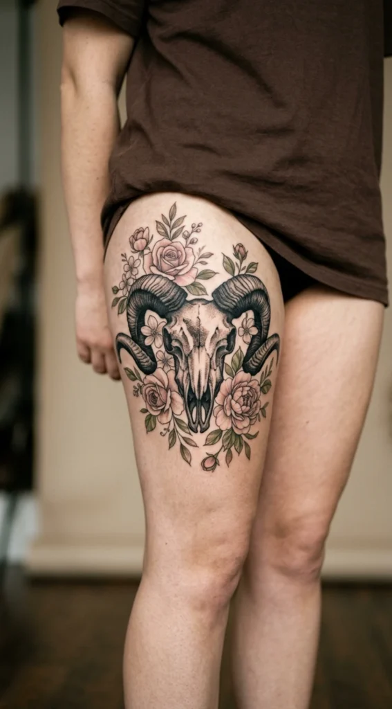 Ram Skull with Feminine Floral Touch