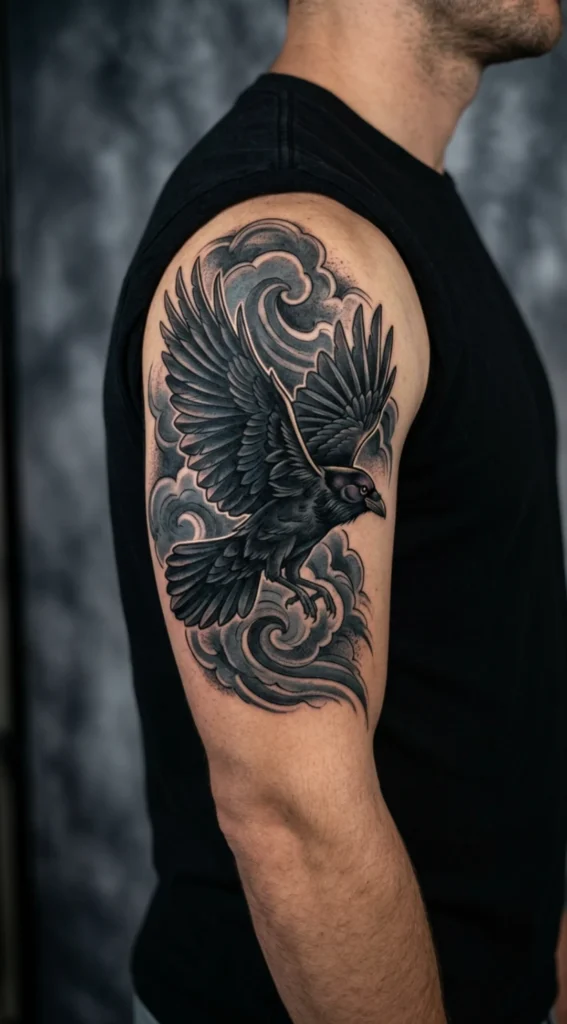 Raven Flying Through Storm Clouds