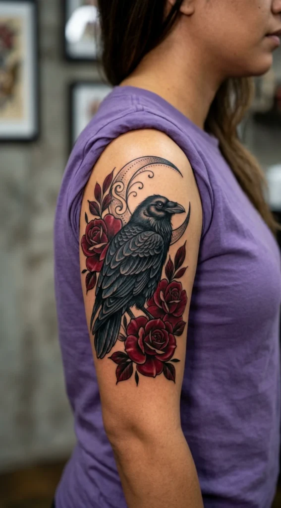 Raven with Crescent Moon and Red Florals