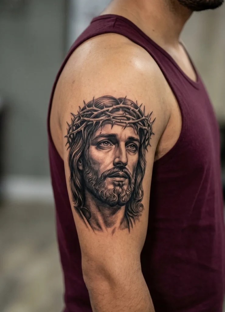 Realistic Jesus Face Black and Grey