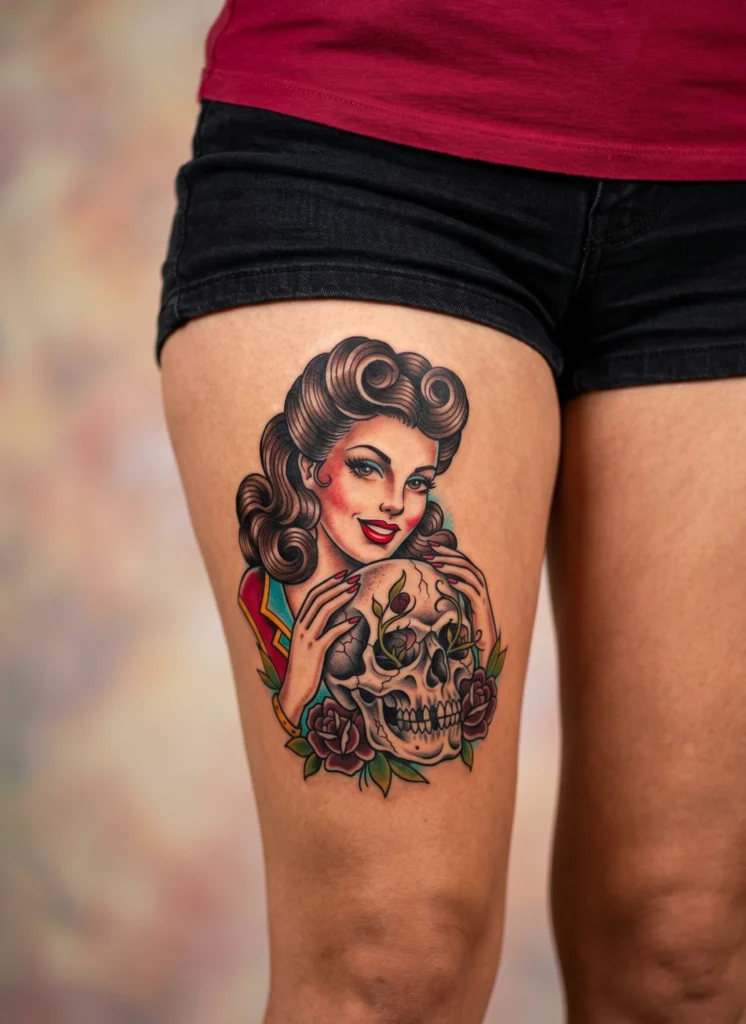 Retro Pinup Holding Skull Instead of Flower Bouquet