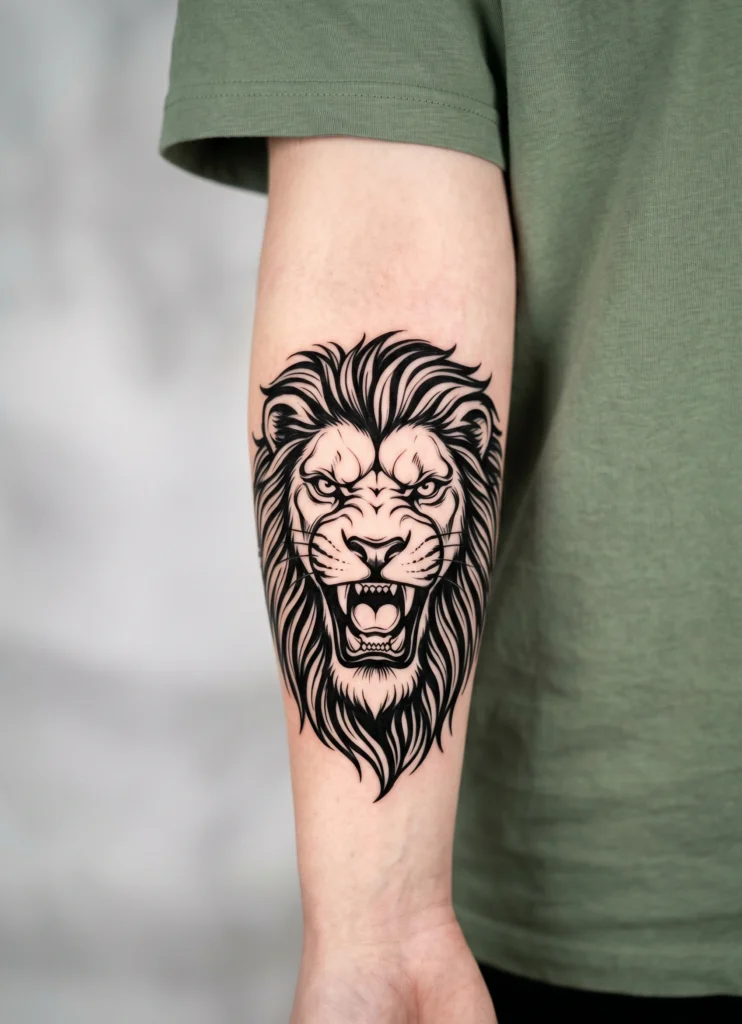Roaring Lion Head Blackwork Tattoo