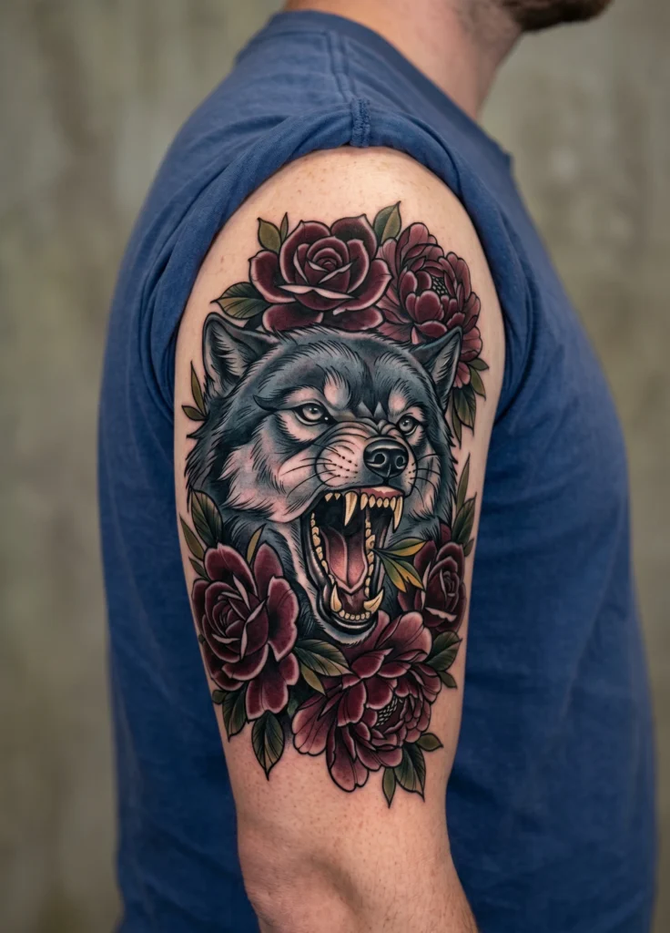 Roaring Wolf with Floral Frame