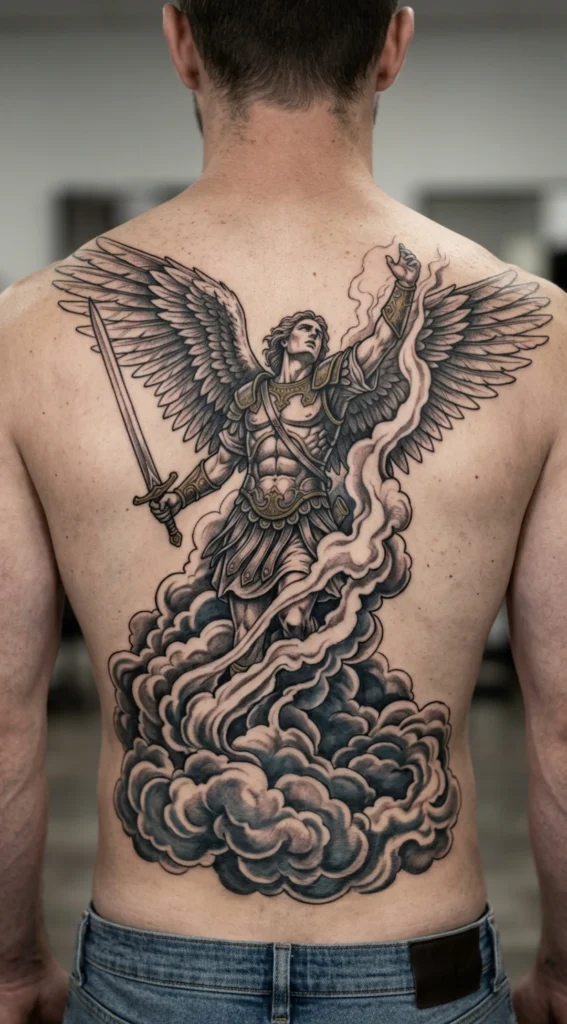 Saint Michael Rising Above Clouds Full Back