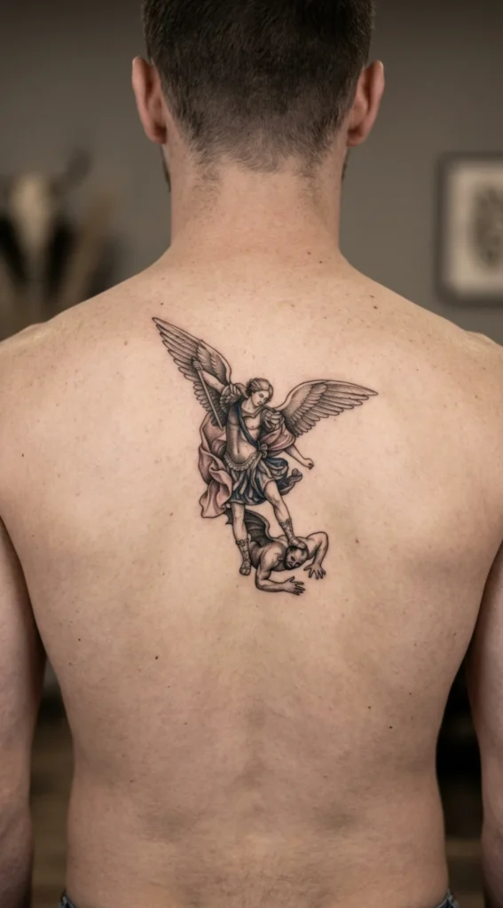 Saint Michael Standing Over Evil Back