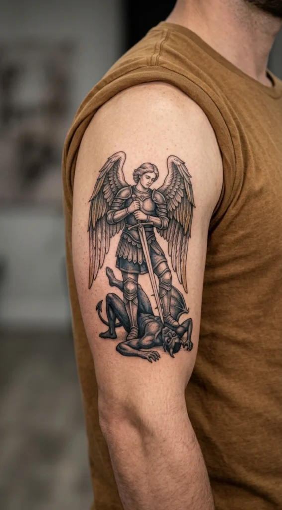 Saint Michael Sword Over Defeated Demon