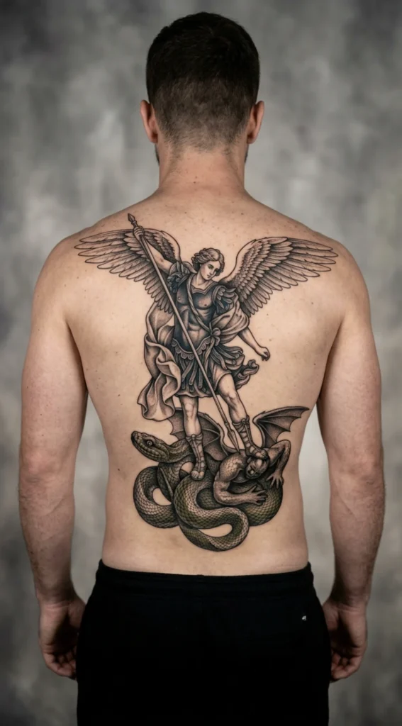 Saint Michael and Serpent Back Design
