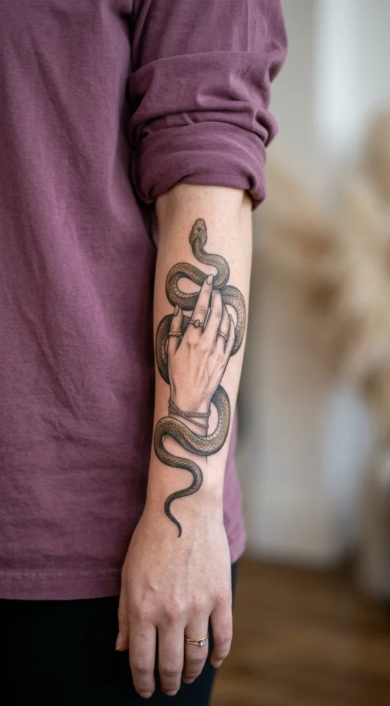 Serpent Coiled Around Feminine Hand Portrait