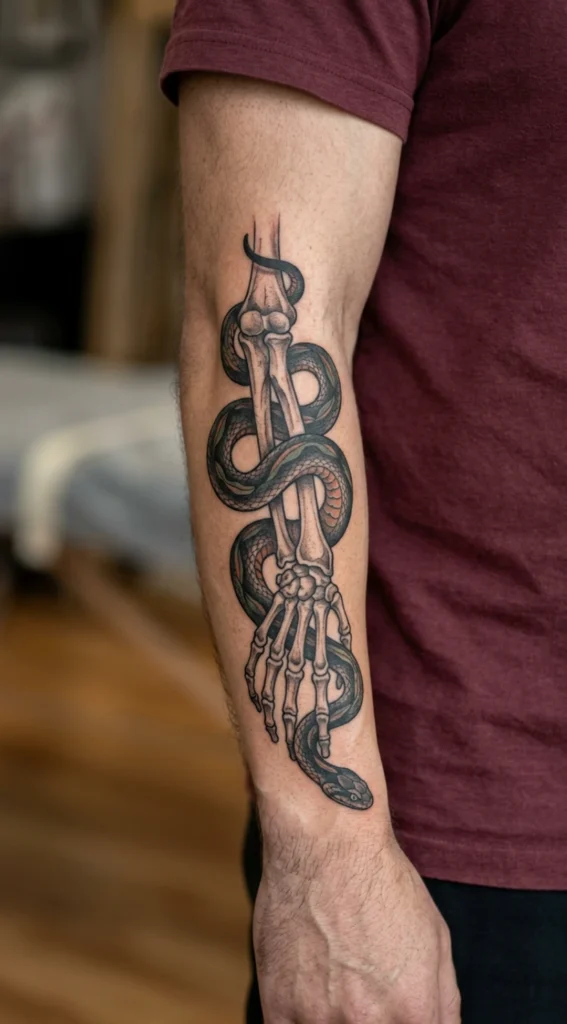 Serpent Coiled Around Human Skeleton Arm