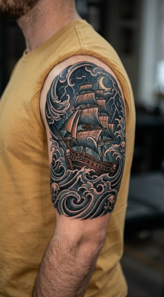 Ship in Stormy Sea with Waves and Skulls