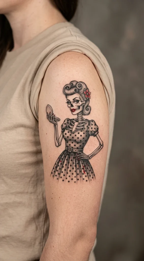 Skeleton Pinup Girl with Vintage Curls and Lipstick