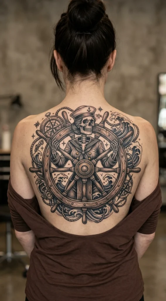 Skeleton Sailor Pinup on Ship Wheel Design