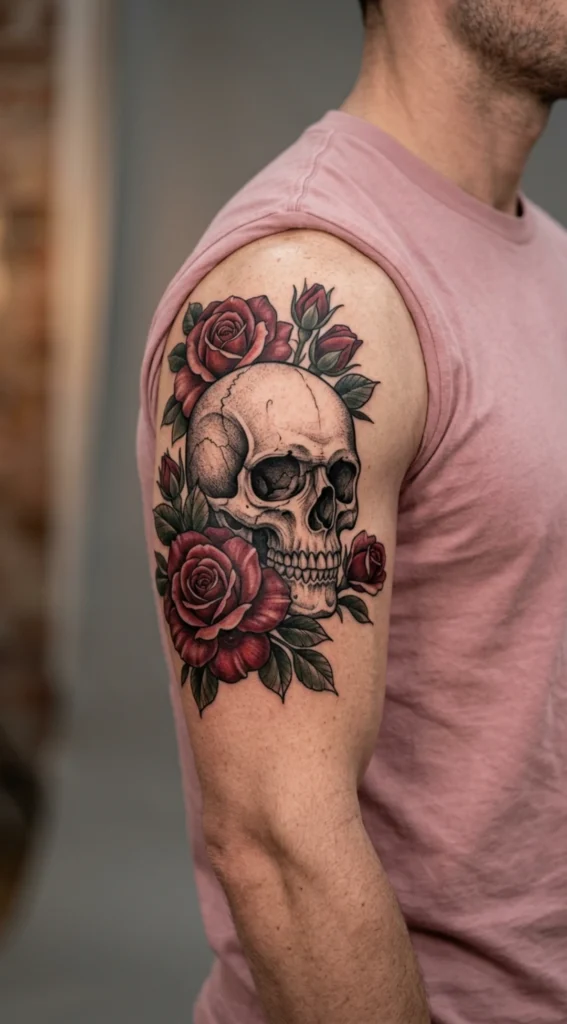 Skull Surrounded by Blooming Roses