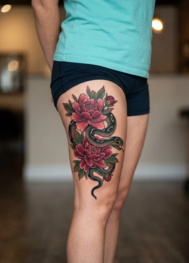 Snake Wrapped Around Peony Flowers
