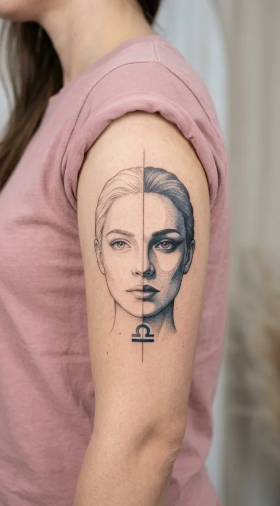 Split Portrait Face with Libra Symmetry Line