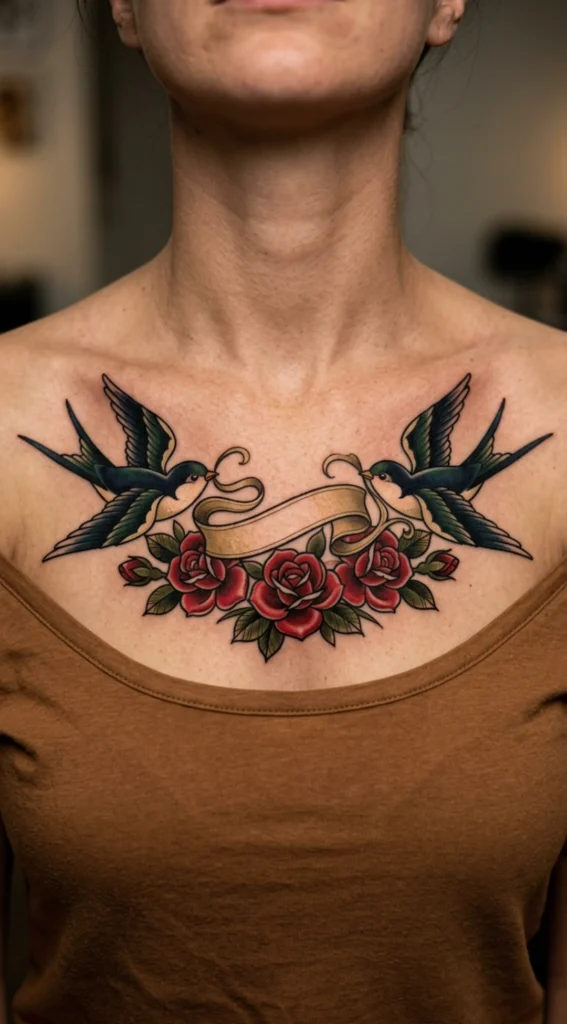 Swallow Birds Carrying Ribbon Banner and Roses