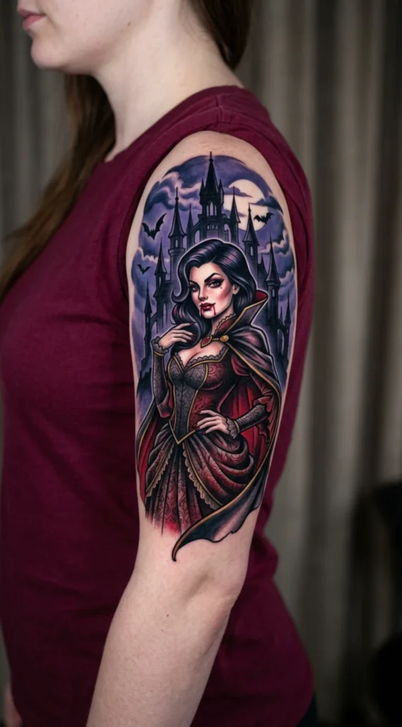 Vampire Pinup with Gothic Castle Silhouette