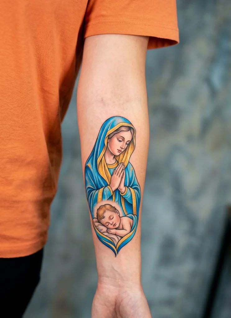 Virgin Mary Praying Over Baby Jesus