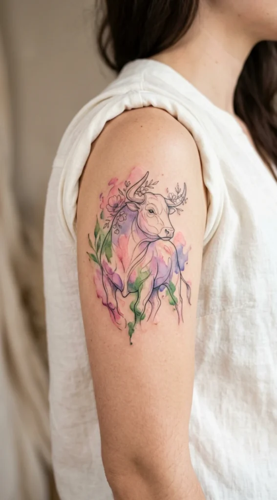 Watercolor Bull with Soft Flowers