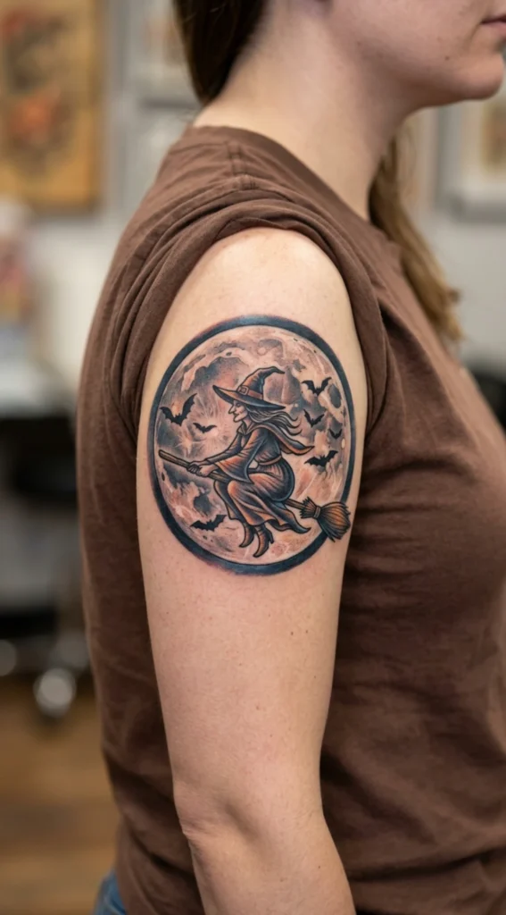 Witch Flying Across Full Moon with Bats