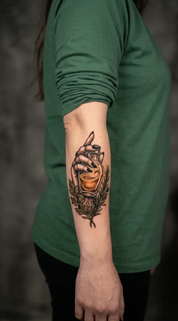 Witch Hand Holding Potion Bottle and Herbs