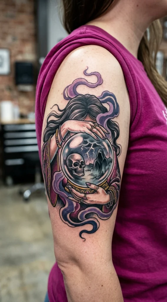 Witch Holding Crystal Ball with Dark Reflections