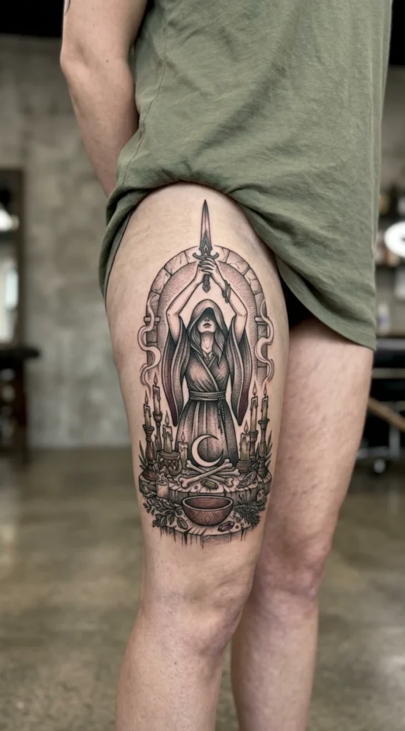 Witch Holding Dagger Over Ritual Altar